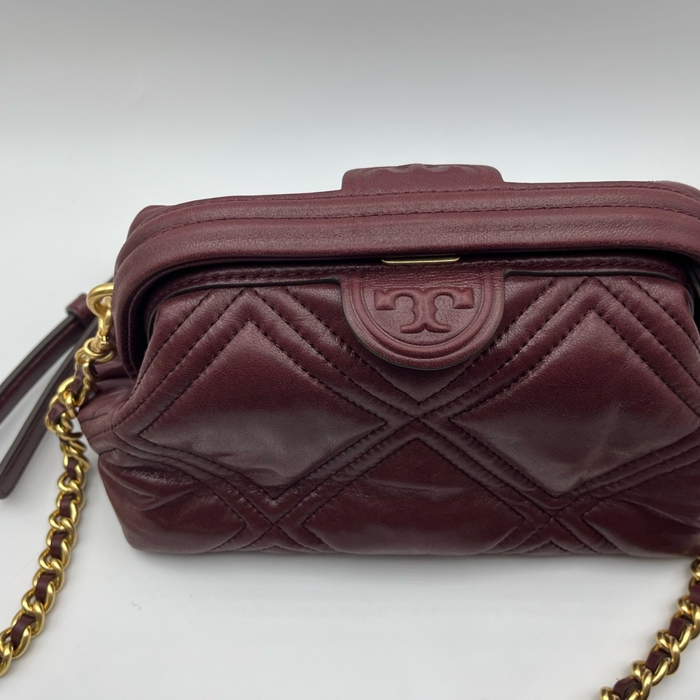 Tory Burch Burgundy Quilted Clutch with Gold Chain